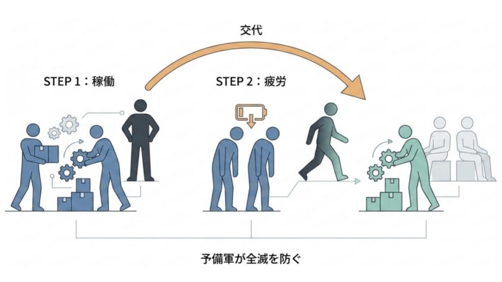 稼働と疲労の交代により予備戦力が全滅を防ぐ流れを示したステップ図