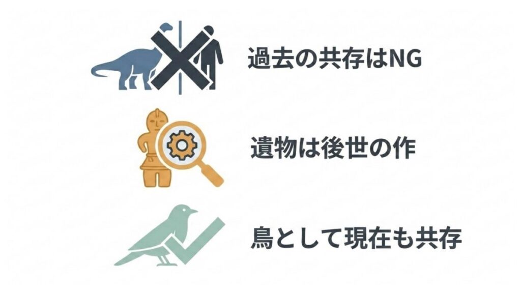 恐竜と人間の過去の共存否定、遺物の後世作、鳥としての現在の共存をまとめた図解