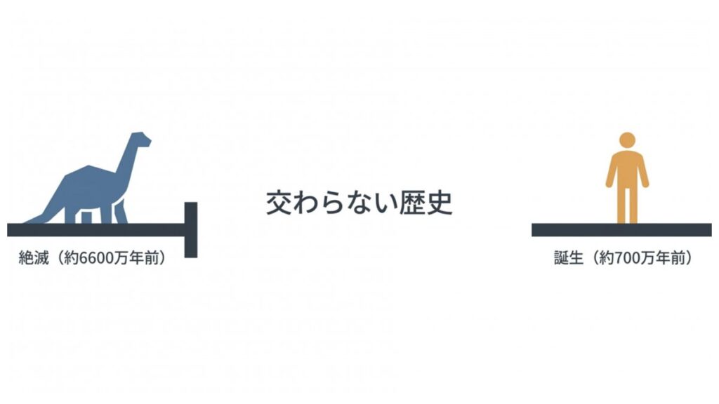 恐竜の絶滅と人類の誕生時期を、約6600万年前と約700万年前で示す年代差の図解
