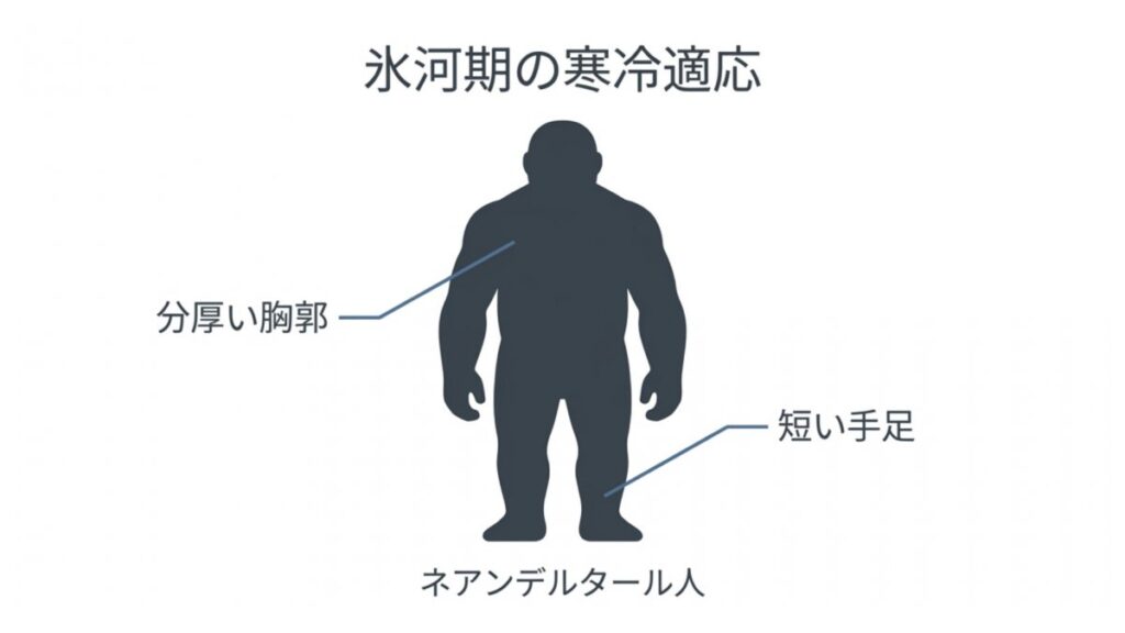 ネアンデルタール人の分厚い胸郭と短い手足による氷河期の寒冷適応を示す図解