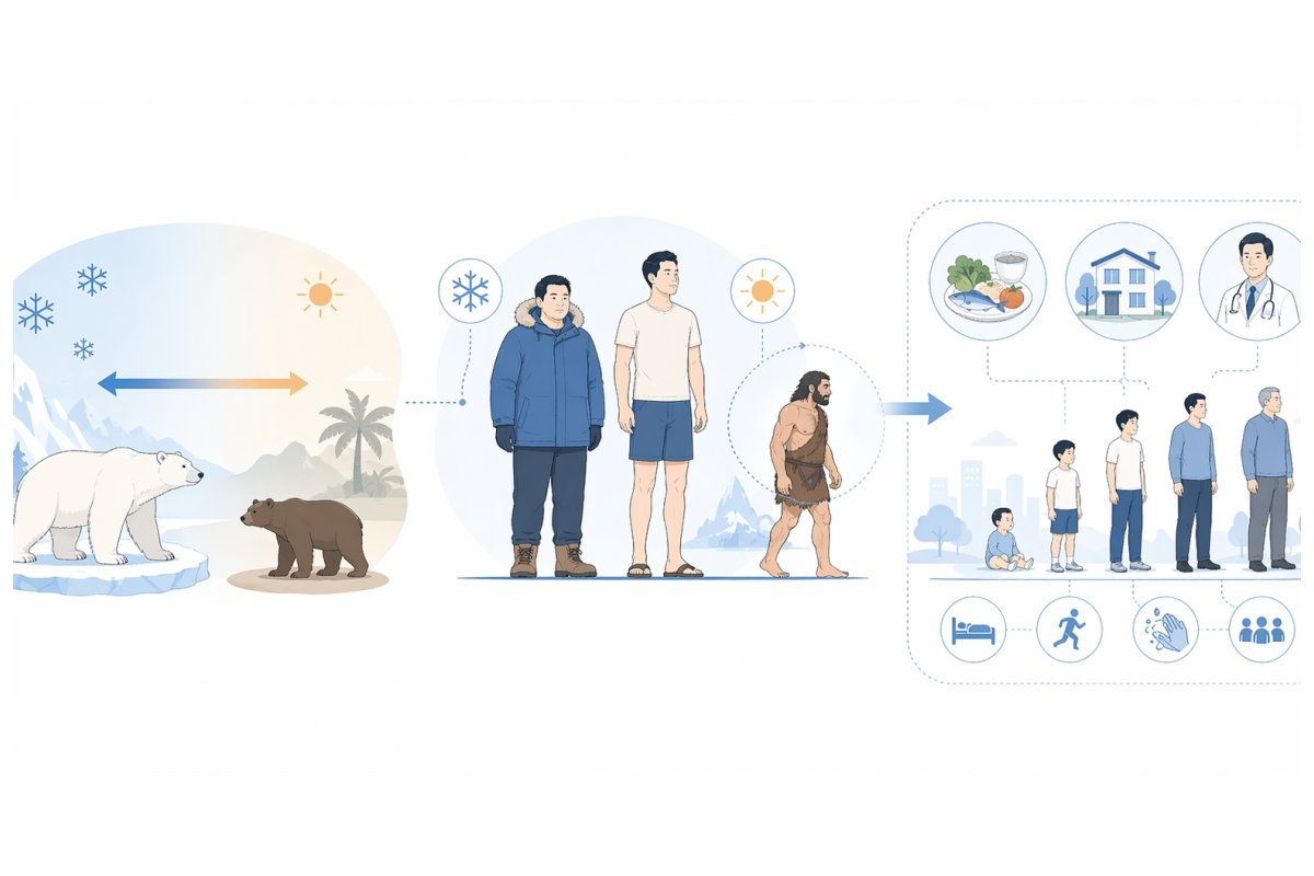 ベルクマンの法則と人間の体格差を示すシンプルな図解イラスト
