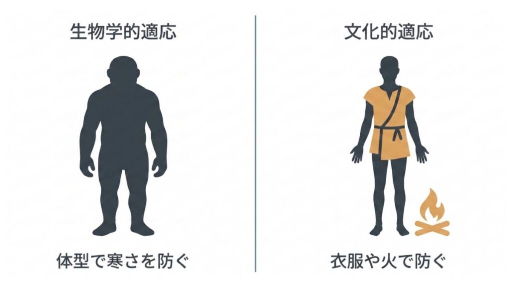 生物学的適応と衣服・火を用いた文化的適応による寒さ対策の違いを示す比較図