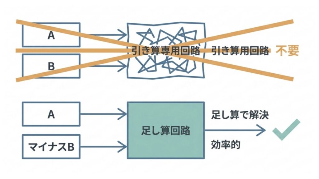 引き算専用回路を使わず、マイナスBを足し算回路で処理する仕組みの図解