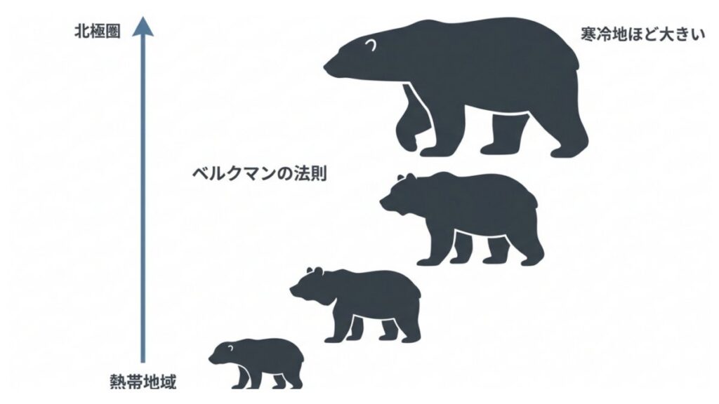 ベルクマンの法則に沿って、熱帯地域から北極圏へクマの体格が大きくなる傾向を示す図解