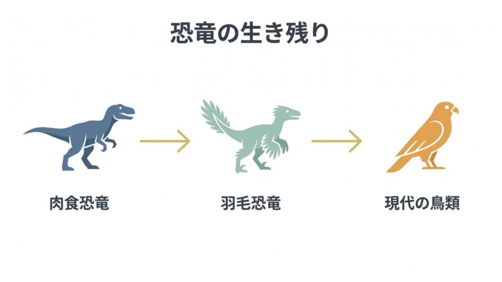 肉食恐竜から羽毛恐竜を経て現代の鳥類へ続く進化の流れを示す図解