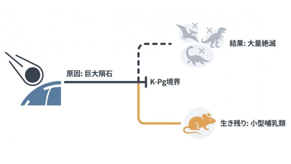 巨大隕石の衝突とK-Pg境界後の大量絶滅、小型哺乳類の生存を示す分岐図