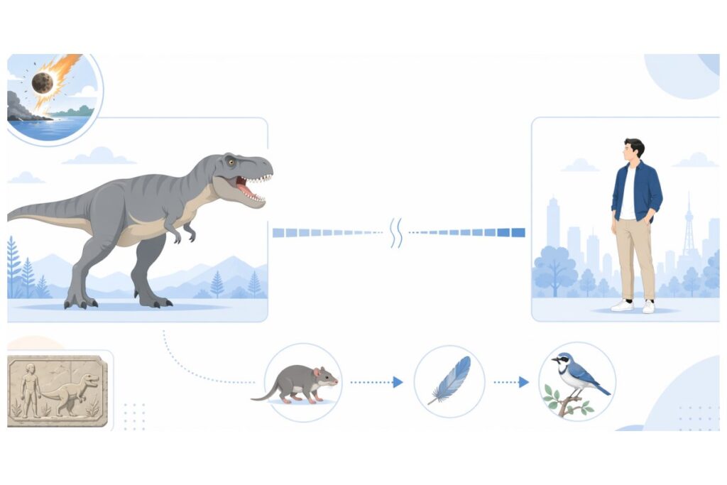 恐竜時代に人間はいたかを年代差と鳥の進化で示す図解