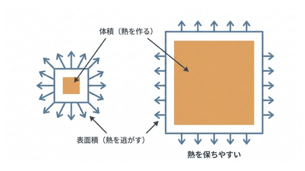 ベルクマンの法則における体積と体表面積の比率と熱の産生・放散を示す図解