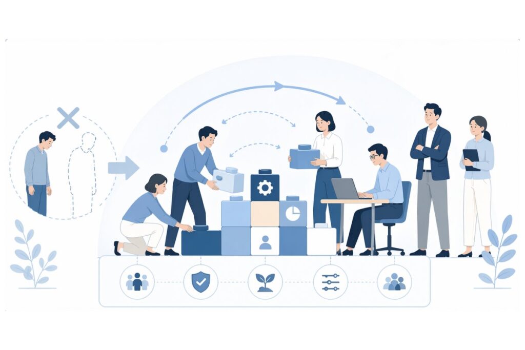 働きアリの法則の間違いを示すチーム管理の図解イラスト