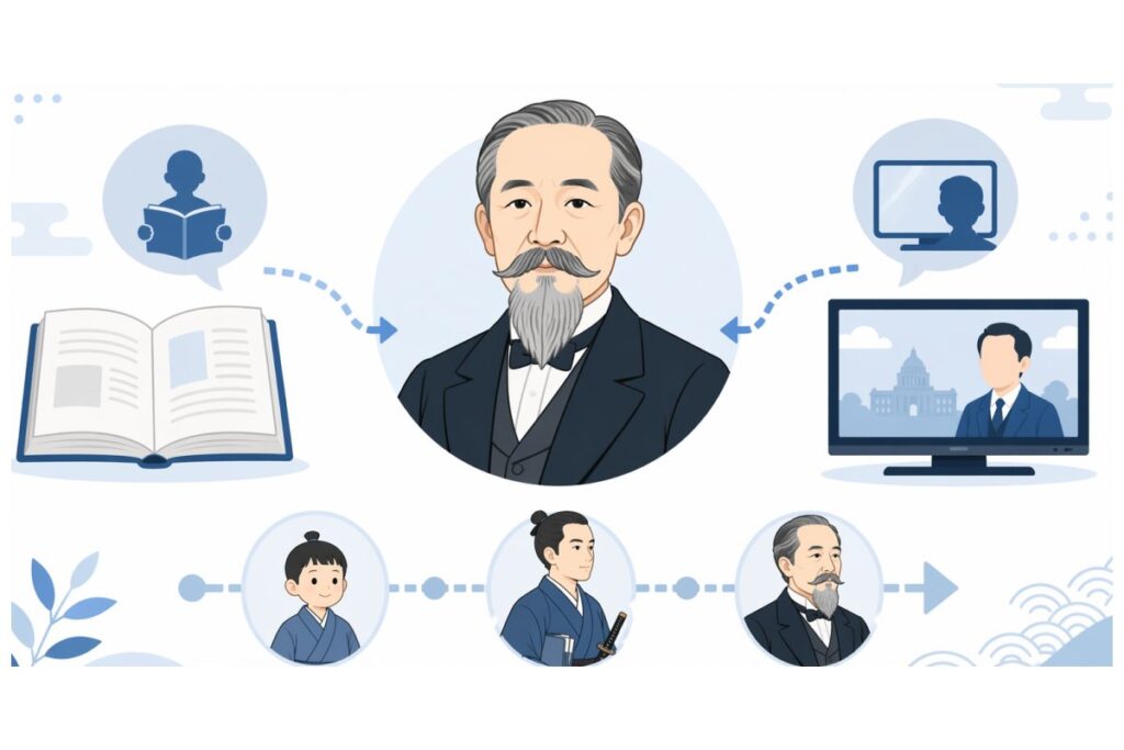 伊藤博文の読み方は変わったのかを、教科書とテレビの違いで示す図解イラスト