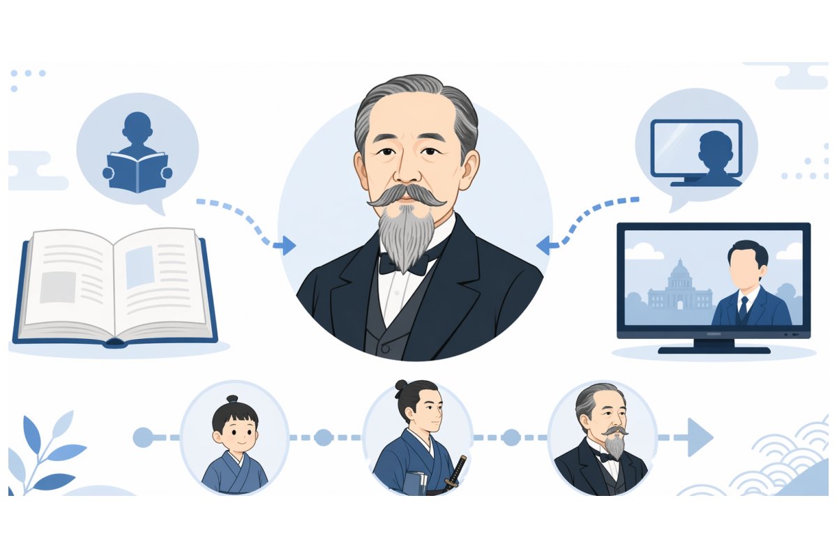 伊藤博文の読み方は変わったのかを、教科書とテレビの違いで示す図解イラスト