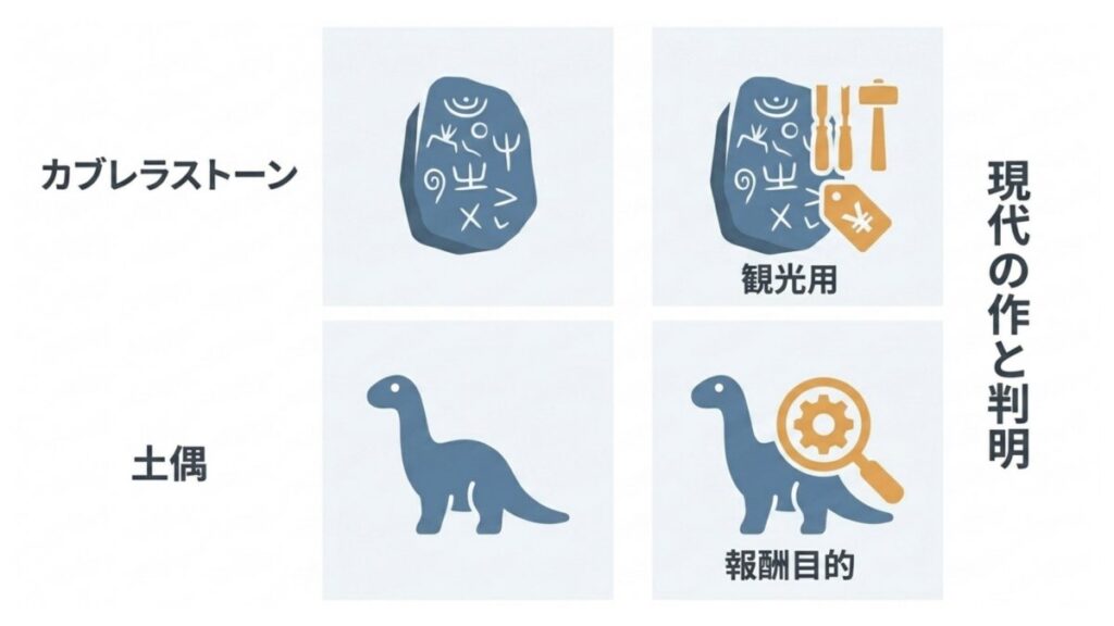 カブレラストーンと恐竜土偶が観光用・報酬目的の現代作とされる過程を示す図解