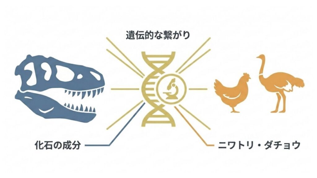 恐竜化石の成分とDNAを介したニワトリ・ダチョウとの遺伝的な繋がりを示す図解