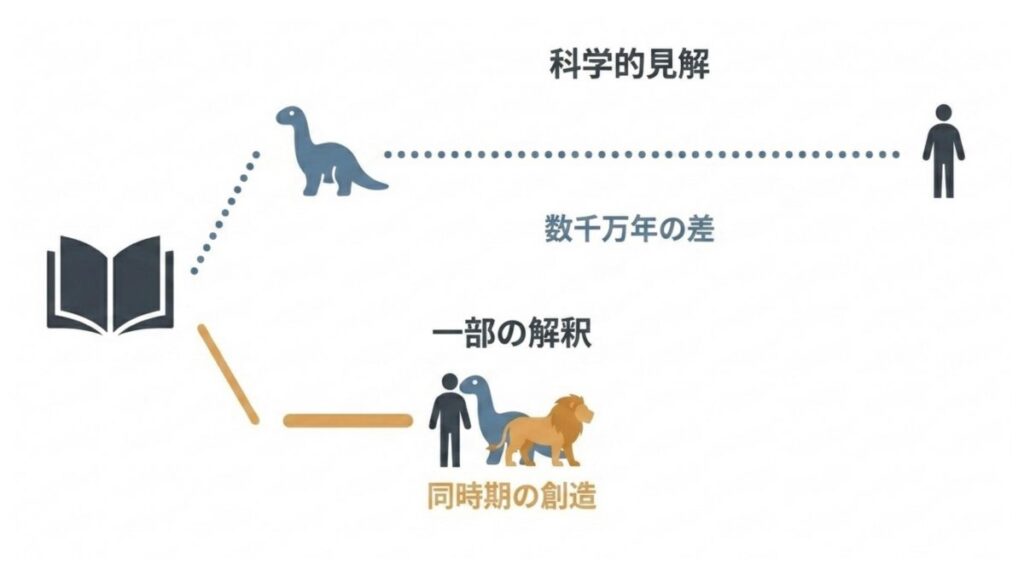 科学的見解と一部の宗教的解釈における恐竜と人間の関係を対比した図解