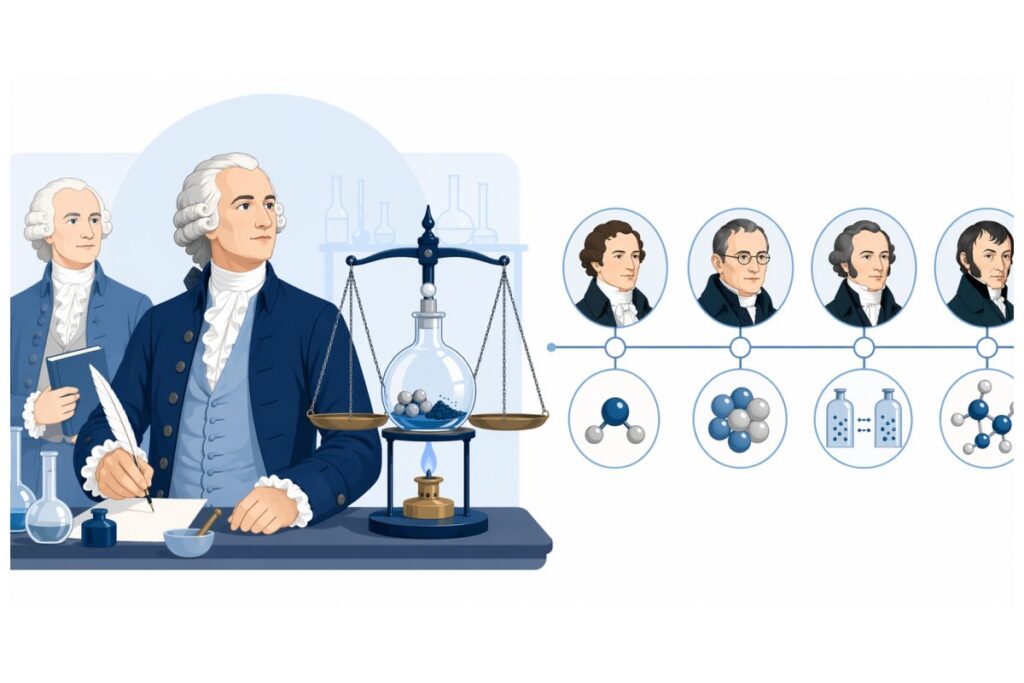 質量保存の法則は誰が発見したかを示す化学者と天秤の図解
