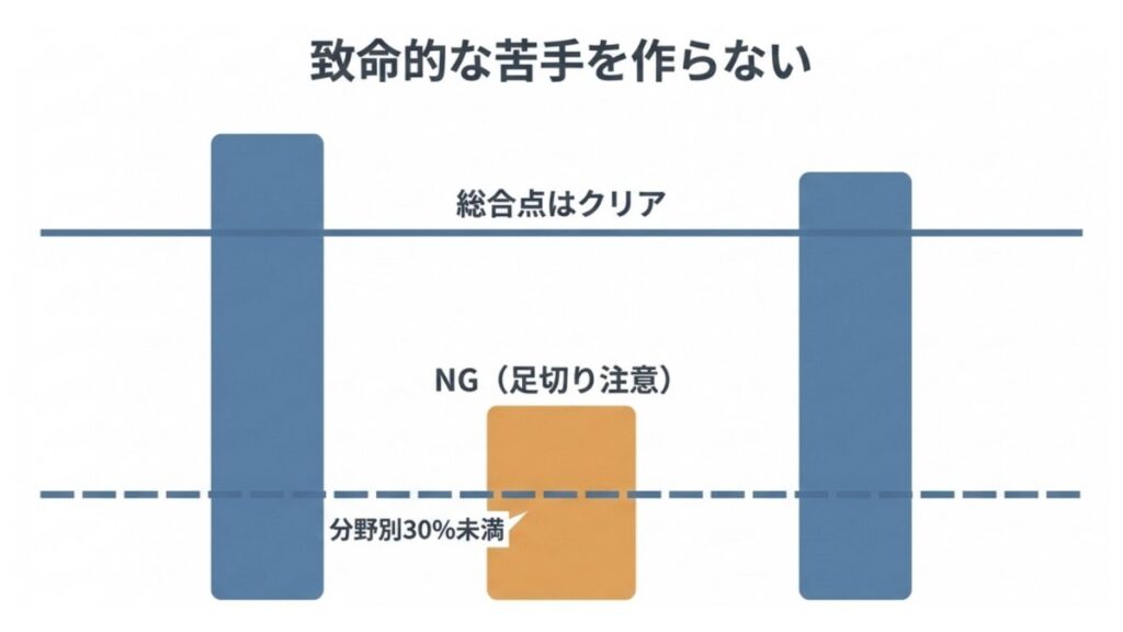 ITパスポート試験で総合点クリアでも分野別30％未満となる足切り基準の図解