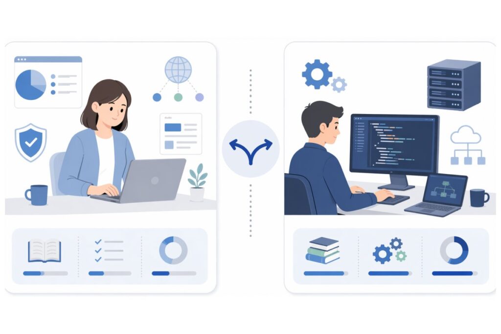ITパスポートと基本情報の違いを比較する学習者とエンジニアの図解