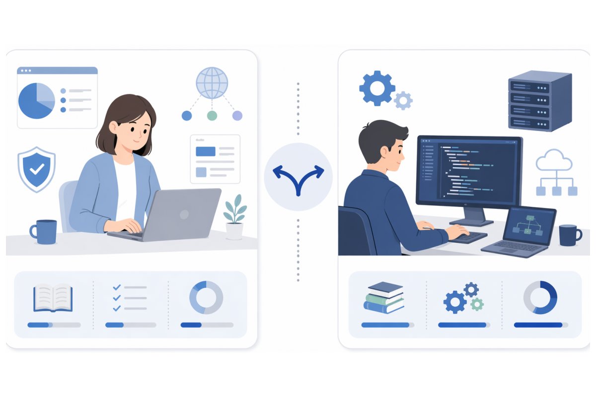 ITパスポートと基本情報の違いを比較する学習者とエンジニアの図解