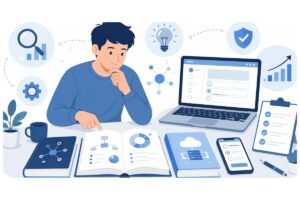 ITパスポートのおすすめテキストを比較して選ぶ学習者のイラスト