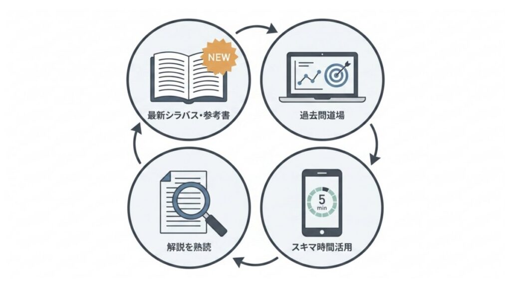 最新シラバスや過去問演習を循環させる学習サイクル図