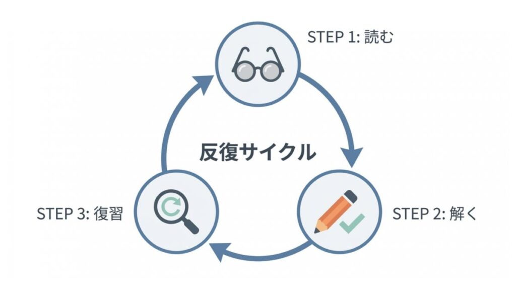 読む、解く、復習の3ステップで構成された過去問アウトプット反復サイクルの図解