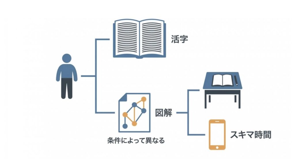 学習スタイルに応じて活字・図解・スキマ時間を整理した教材選びの分岐図